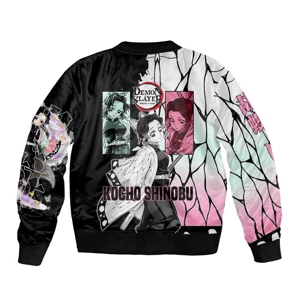 Shinobu Kocho from Demon Slayer Bomber Jacket with Black and White Wing Pattern and Pastel Manga Panel Design - The Mazicc