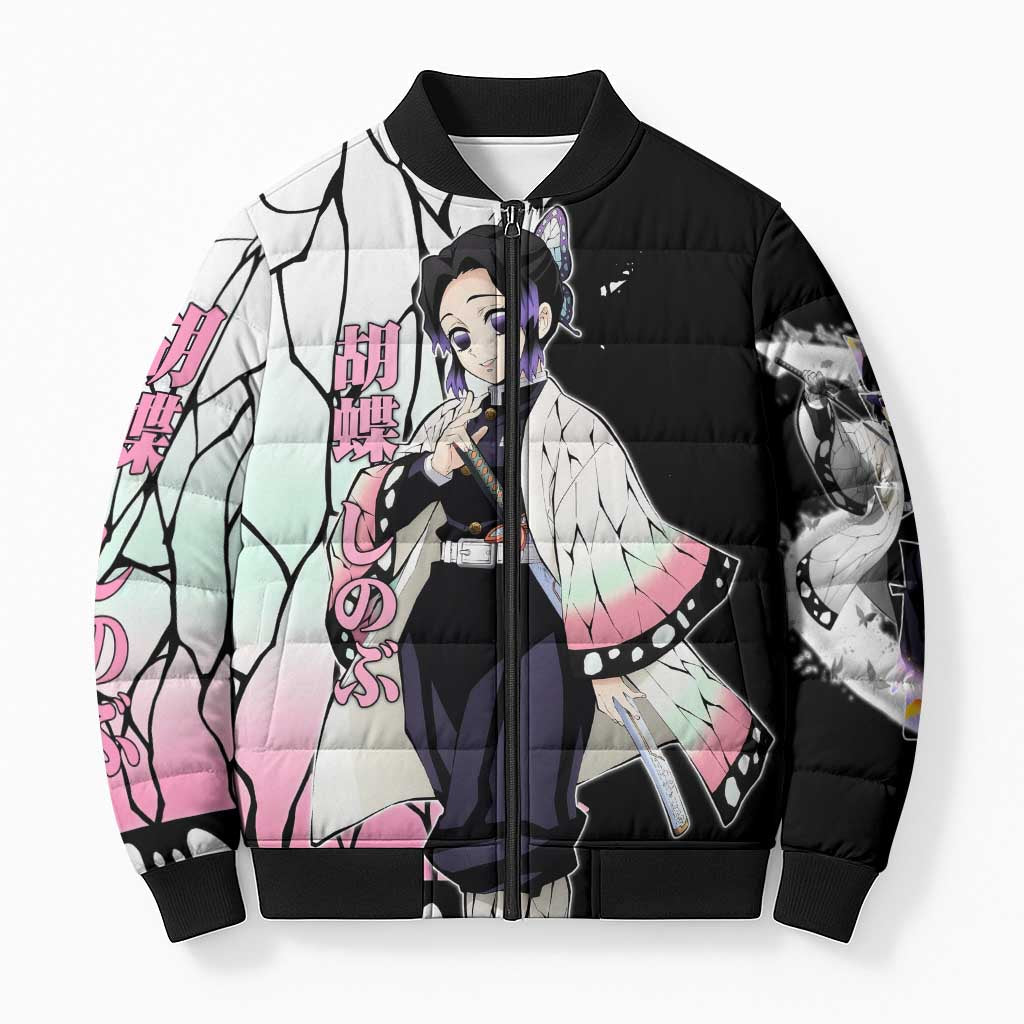 Shinobu Kocho from Demon Slayer Bomber Puffer Jacket with Black and White Wing Pattern and Pastel Manga Panel Design - The Mazicc