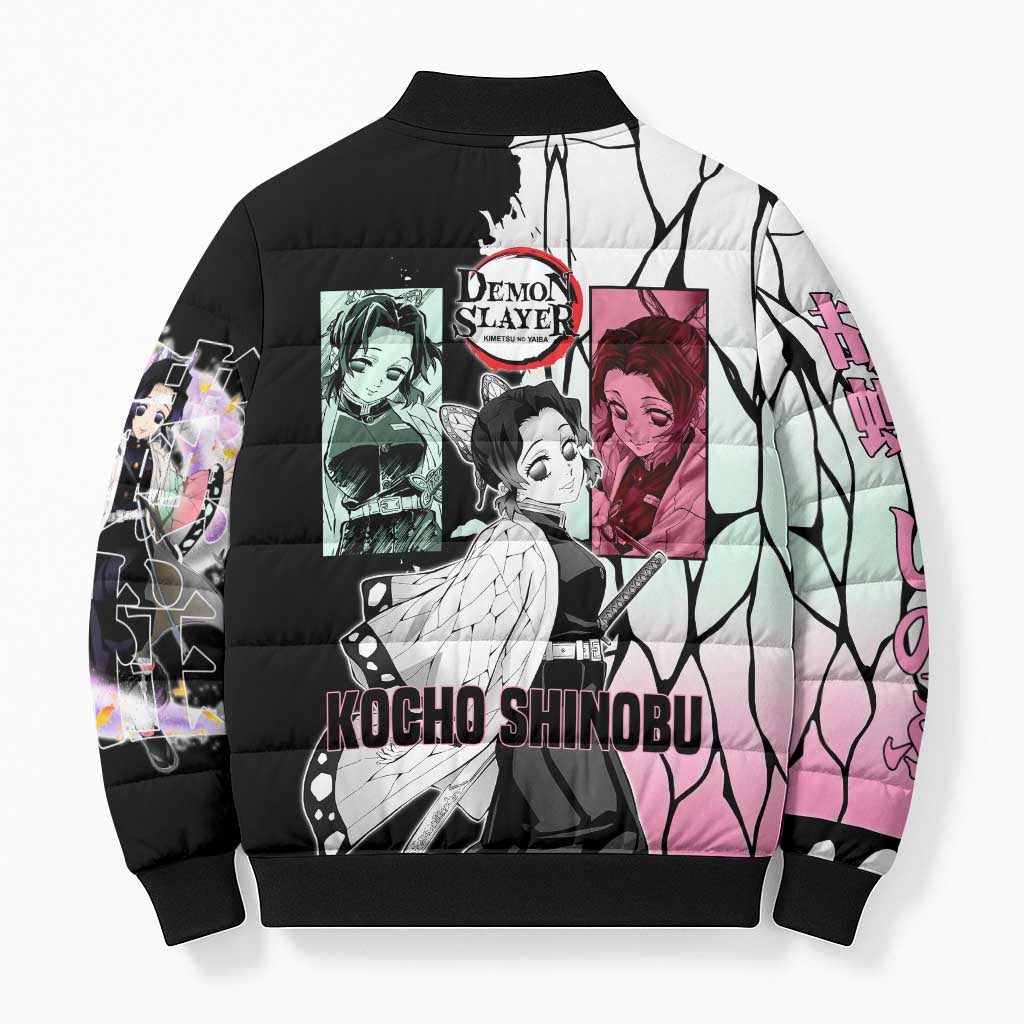 Shinobu Kocho from Demon Slayer Bomber Puffer Jacket with Black and White Wing Pattern and Pastel Manga Panel Design - The Mazicc