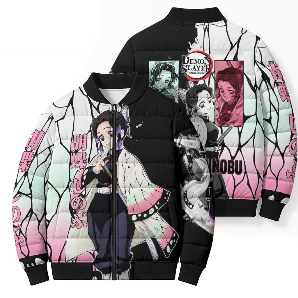 Shinobu Kocho from Demon Slayer Bomber Puffer Jacket with Black and White Wing Pattern and Pastel Manga Panel Design - The Mazicc