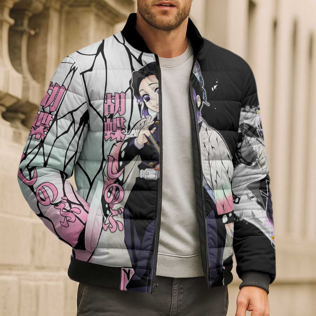Shinobu Kocho from Demon Slayer Bomber Puffer Jacket with Black and White Wing Pattern and Pastel Manga Panel Design - The Mazicc