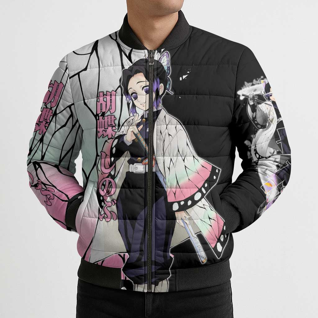 Shinobu Kocho from Demon Slayer Bomber Puffer Jacket with Black and White Wing Pattern and Pastel Manga Panel Design - The Mazicc