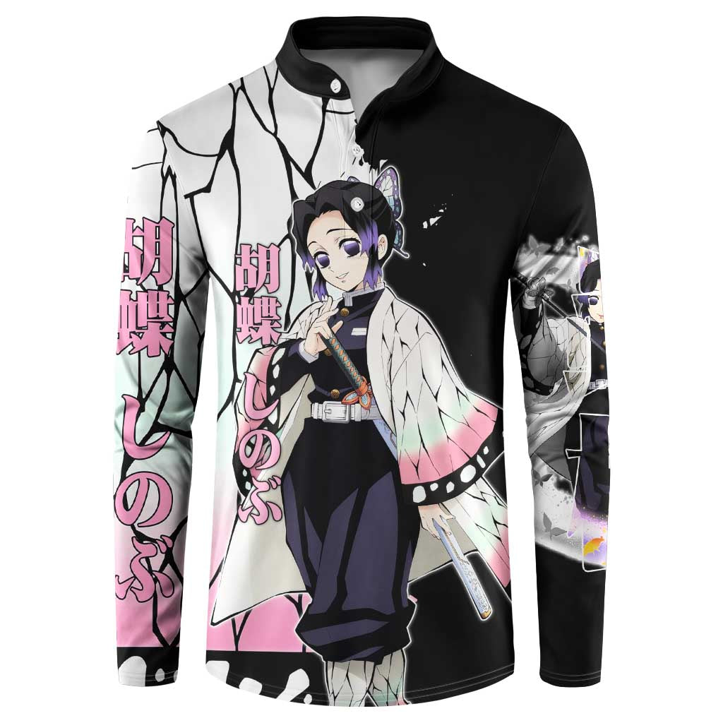 Shinobu Kocho from Demon Slayer Button Sweatshirt with Black and White Wing Pattern and Pastel Manga Panel Design - The Mazicc