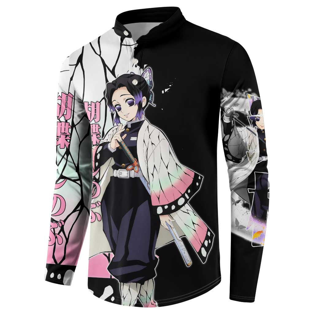 Shinobu Kocho from Demon Slayer Button Sweatshirt with Black and White Wing Pattern and Pastel Manga Panel Design - The Mazicc