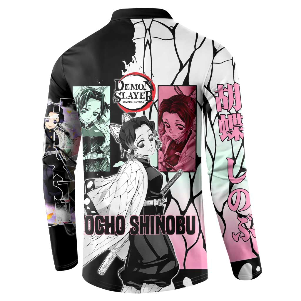 Shinobu Kocho from Demon Slayer Button Sweatshirt with Black and White Wing Pattern and Pastel Manga Panel Design - The Mazicc