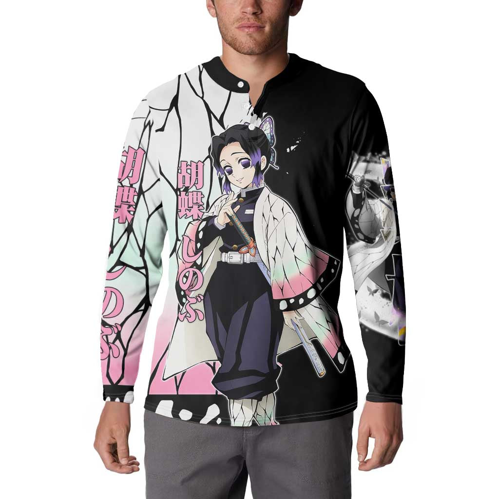 Shinobu Kocho from Demon Slayer Button Sweatshirt with Black and White Wing Pattern and Pastel Manga Panel Design - The Mazicc