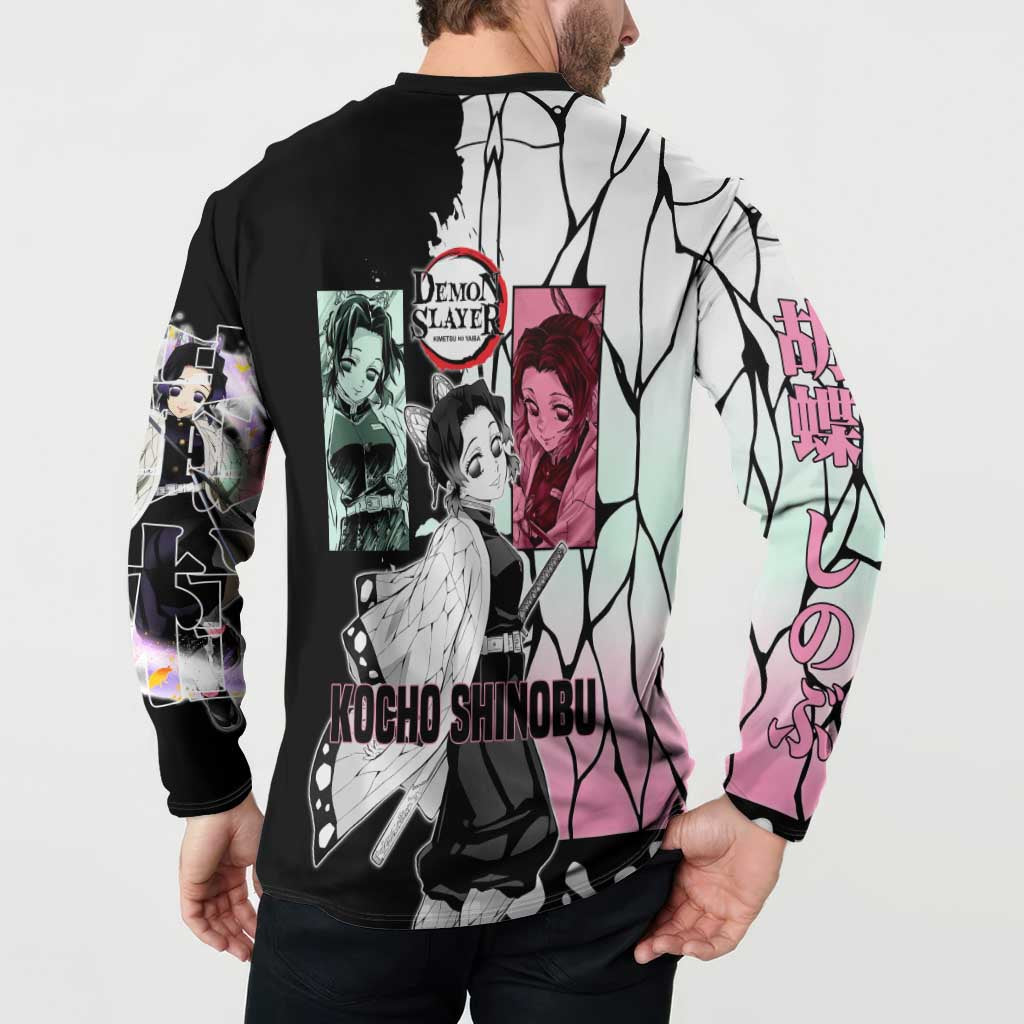 Shinobu Kocho from Demon Slayer Button Sweatshirt with Black and White Wing Pattern and Pastel Manga Panel Design - The Mazicc