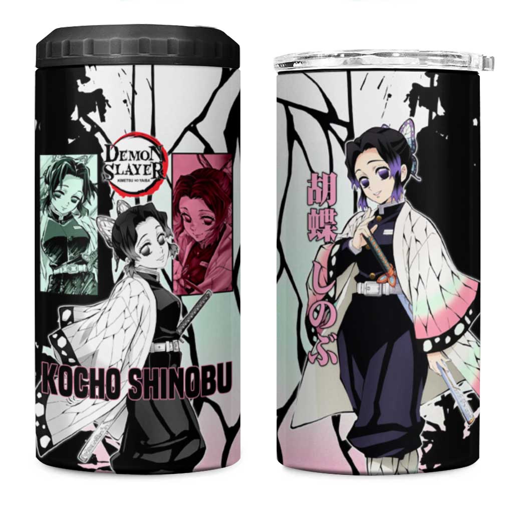 Shinobu Kocho from Demon Slayer 4 in 1 Can Cooler Tumbler with Black and White Wing Pattern and Pastel Manga Panel Design - The Mazicc