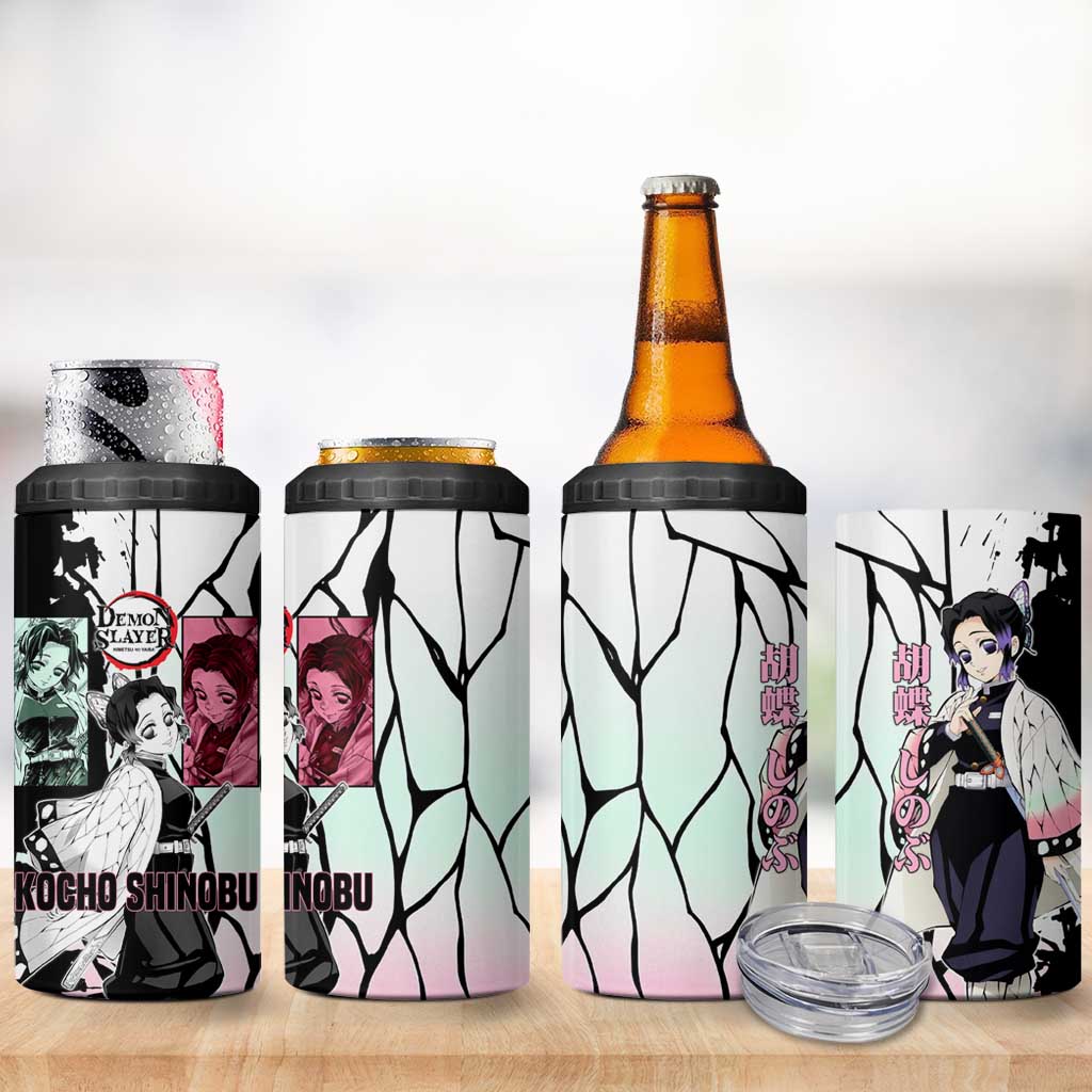 Shinobu Kocho from Demon Slayer 4 in 1 Can Cooler Tumbler with Black and White Wing Pattern and Pastel Manga Panel Design - The Mazicc