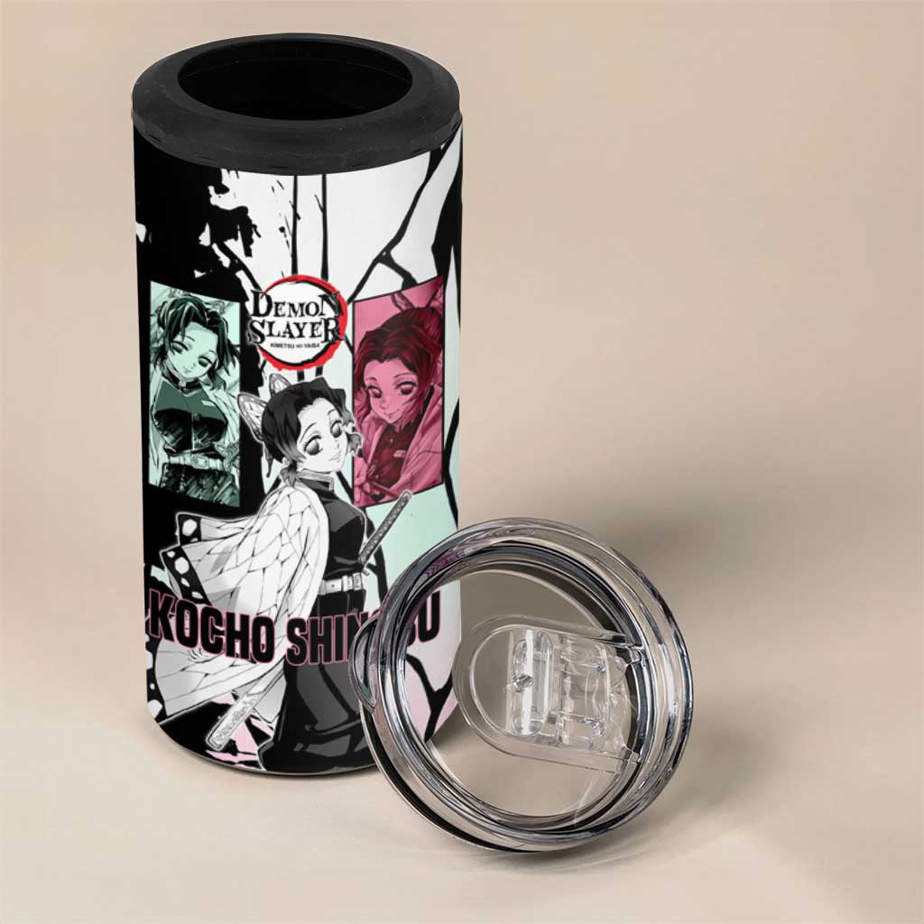 Shinobu Kocho from Demon Slayer 4 in 1 Can Cooler Tumbler with Black and White Wing Pattern and Pastel Manga Panel Design - The Mazicc