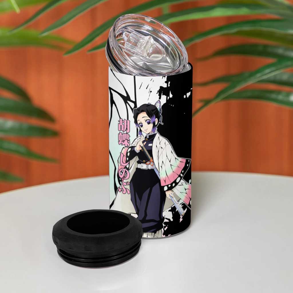 Shinobu Kocho from Demon Slayer 4 in 1 Can Cooler Tumbler with Black and White Wing Pattern and Pastel Manga Panel Design - The Mazicc