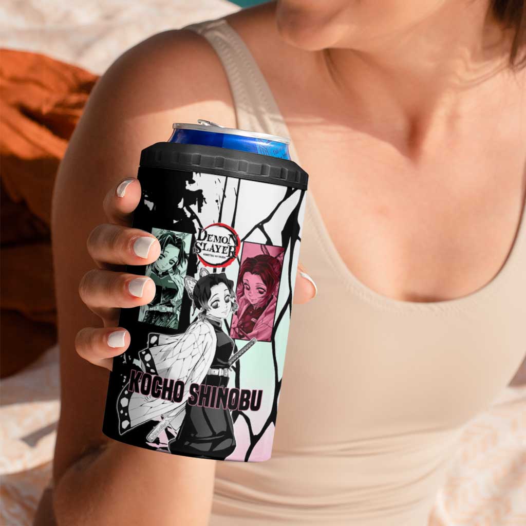 Shinobu Kocho from Demon Slayer 4 in 1 Can Cooler Tumbler with Black and White Wing Pattern and Pastel Manga Panel Design - The Mazicc