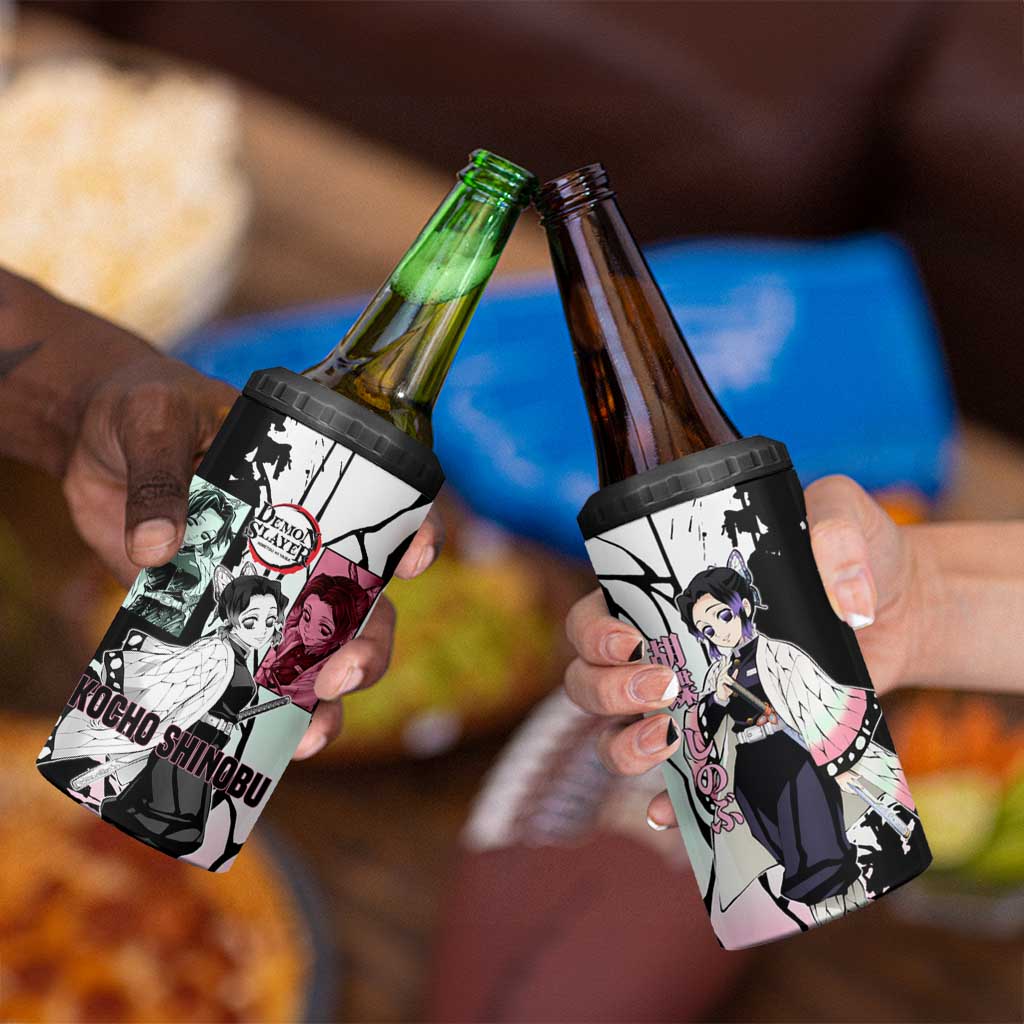 Shinobu Kocho from Demon Slayer 4 in 1 Can Cooler Tumbler with Black and White Wing Pattern and Pastel Manga Panel Design - The Mazicc