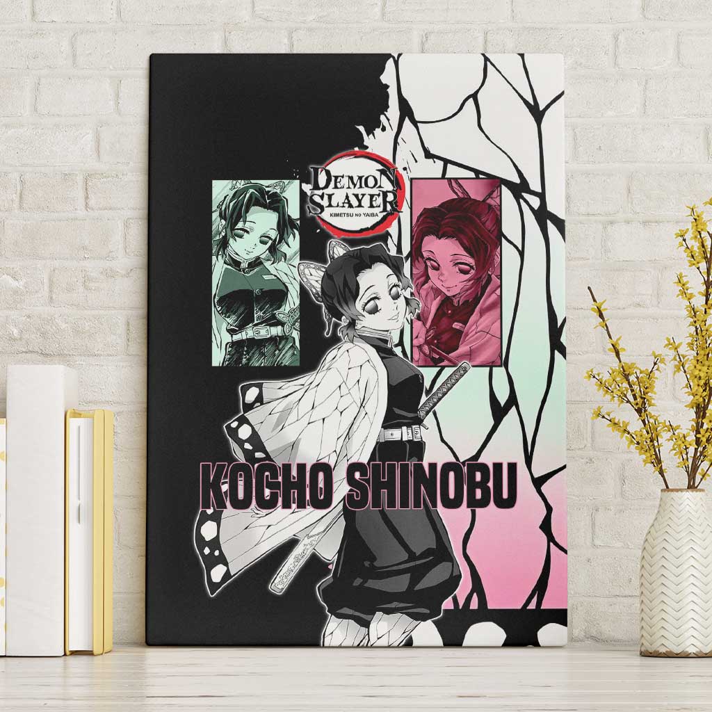 Shinobu Kocho from Demon Slayer Canvas Wall Art with Black and White Wing Pattern and Pastel Manga Panel Design - The Mazicc