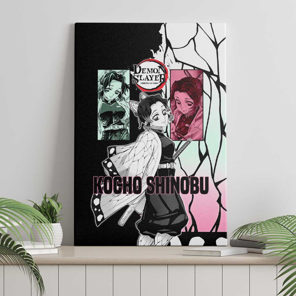 Shinobu Kocho from Demon Slayer Canvas Wall Art with Black and White Wing Pattern and Pastel Manga Panel Design - The Mazicc
