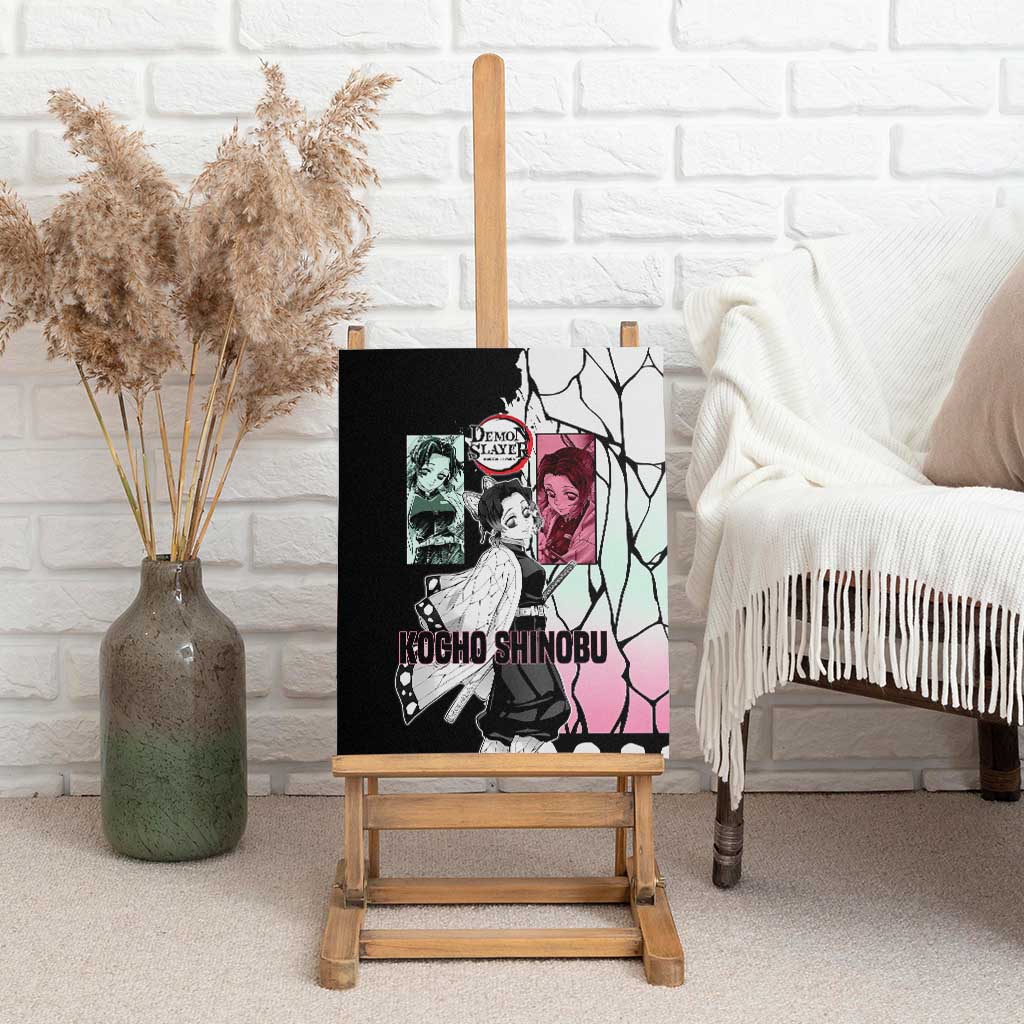 Shinobu Kocho from Demon Slayer Canvas Wall Art with Black and White Wing Pattern and Pastel Manga Panel Design - The Mazicc