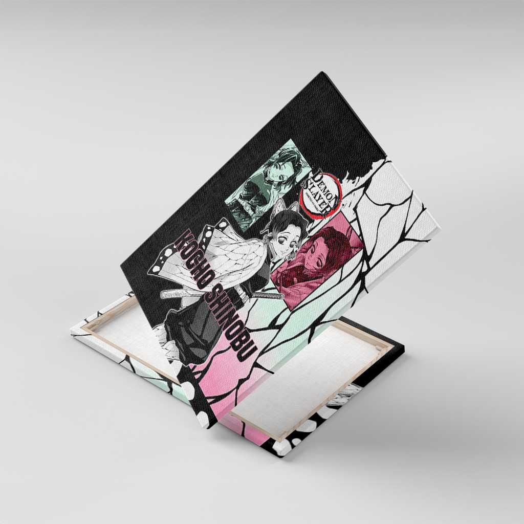 Shinobu Kocho from Demon Slayer Canvas Wall Art with Black and White Wing Pattern and Pastel Manga Panel Design - The Mazicc