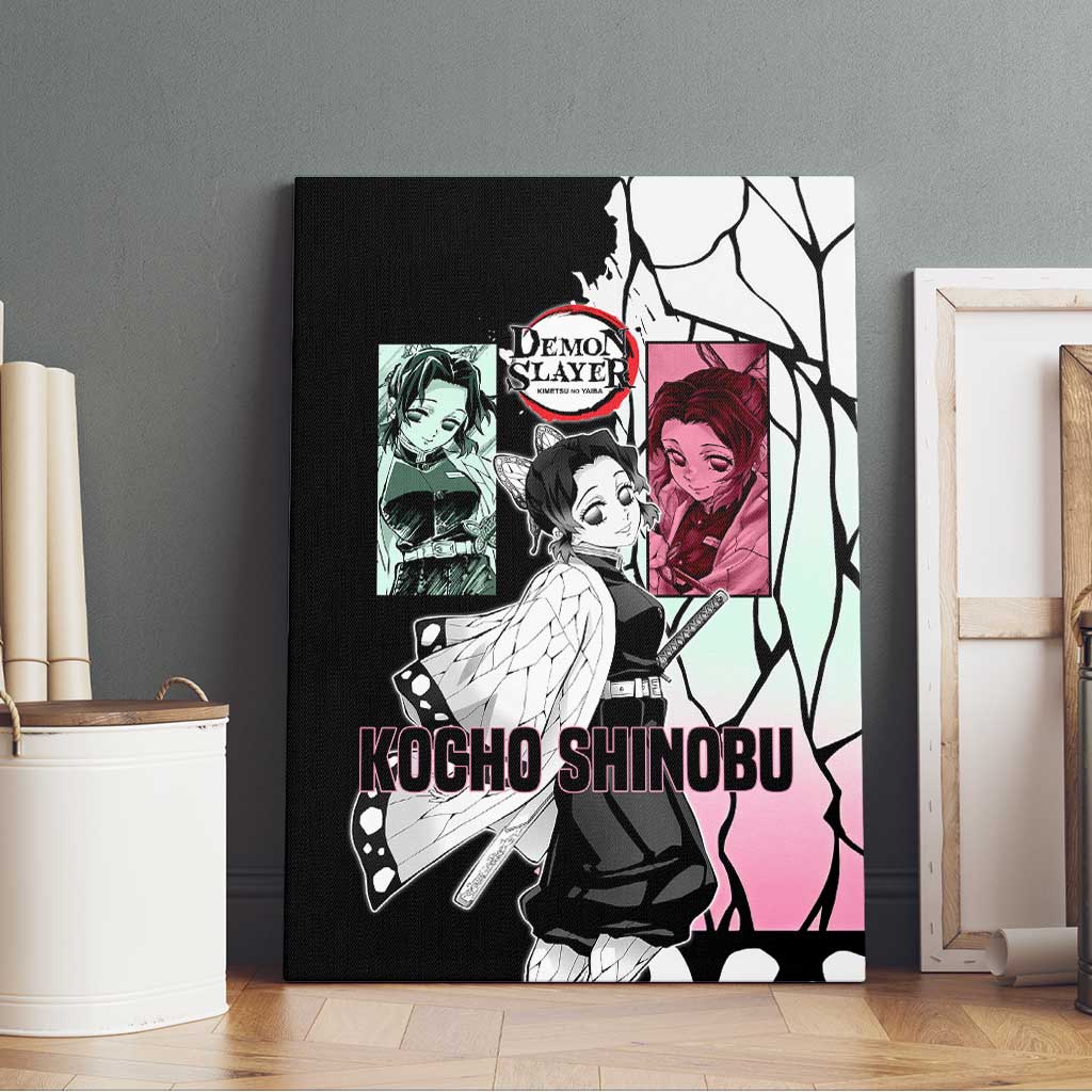 Shinobu Kocho from Demon Slayer Canvas Wall Art with Black and White Wing Pattern and Pastel Manga Panel Design - The Mazicc
