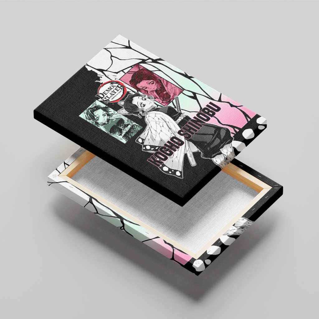 Shinobu Kocho from Demon Slayer Canvas Wall Art with Black and White Wing Pattern and Pastel Manga Panel Design - The Mazicc