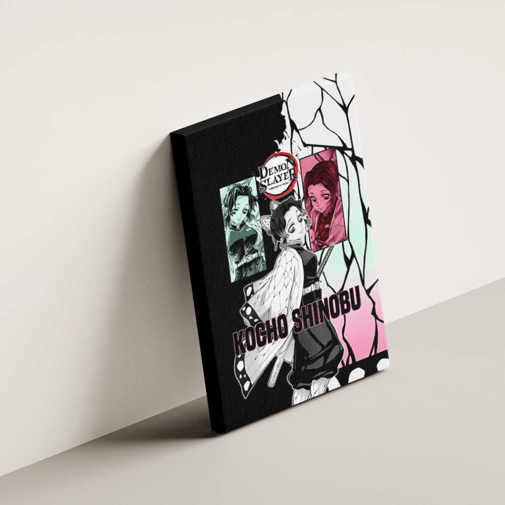 Shinobu Kocho from Demon Slayer Canvas Wall Art with Black and White Wing Pattern and Pastel Manga Panel Design - The Mazicc