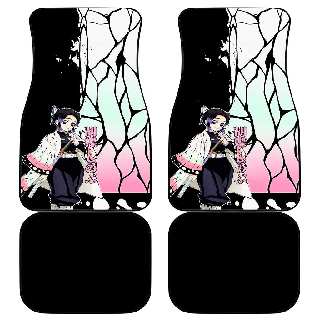 Shinobu Kocho from Demon Slayer Car Mats with Black and White Wing Pattern and Pastel Manga Panel Design - The Mazicc