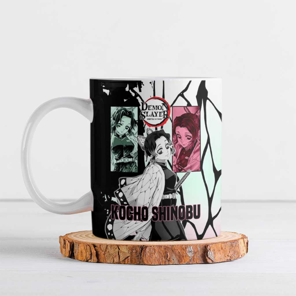 Shinobu Kocho from Demon Slayer Ceramic Mug with Black and White Wing Pattern and Pastel Manga Panel Design - The Mazicc