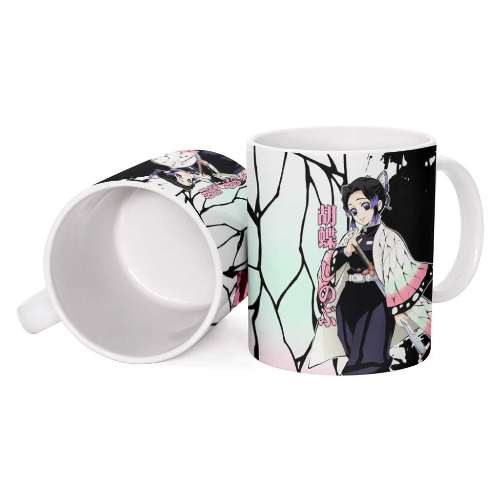 Shinobu Kocho from Demon Slayer Ceramic Mug with Black and White Wing Pattern and Pastel Manga Panel Design - The Mazicc