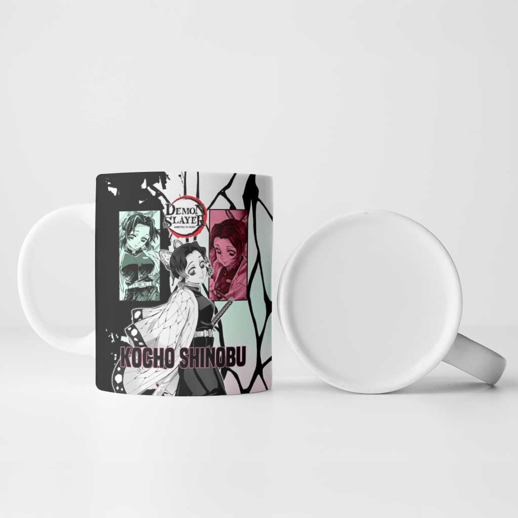 Shinobu Kocho from Demon Slayer Ceramic Mug with Black and White Wing Pattern and Pastel Manga Panel Design - The Mazicc