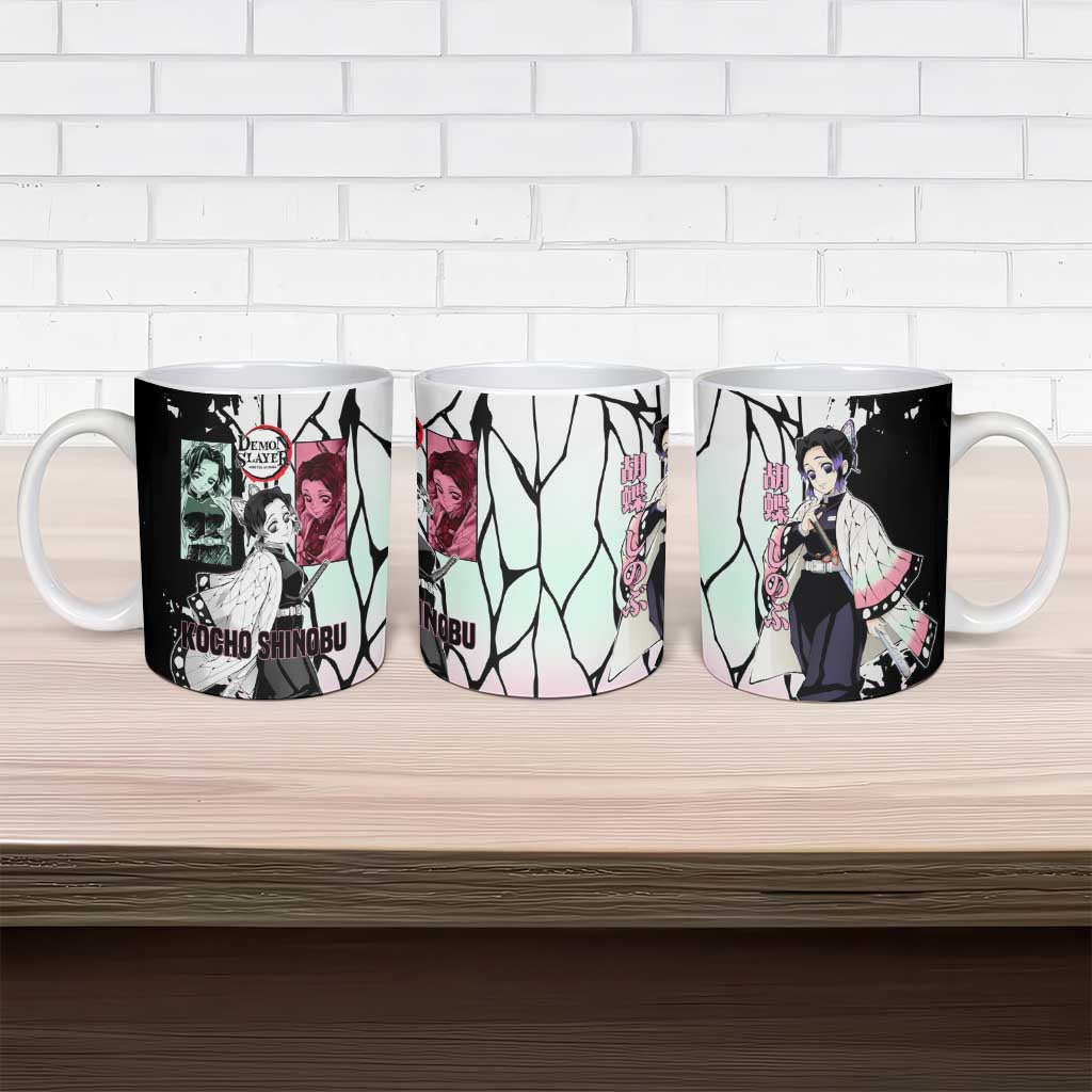 Shinobu Kocho from Demon Slayer Ceramic Mug with Black and White Wing Pattern and Pastel Manga Panel Design - The Mazicc