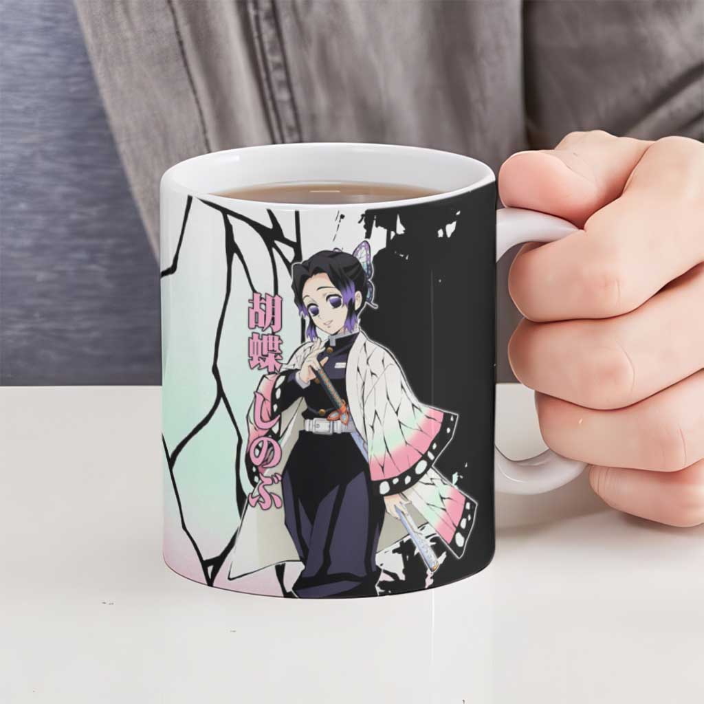 Shinobu Kocho from Demon Slayer Ceramic Mug with Black and White Wing Pattern and Pastel Manga Panel Design - The Mazicc