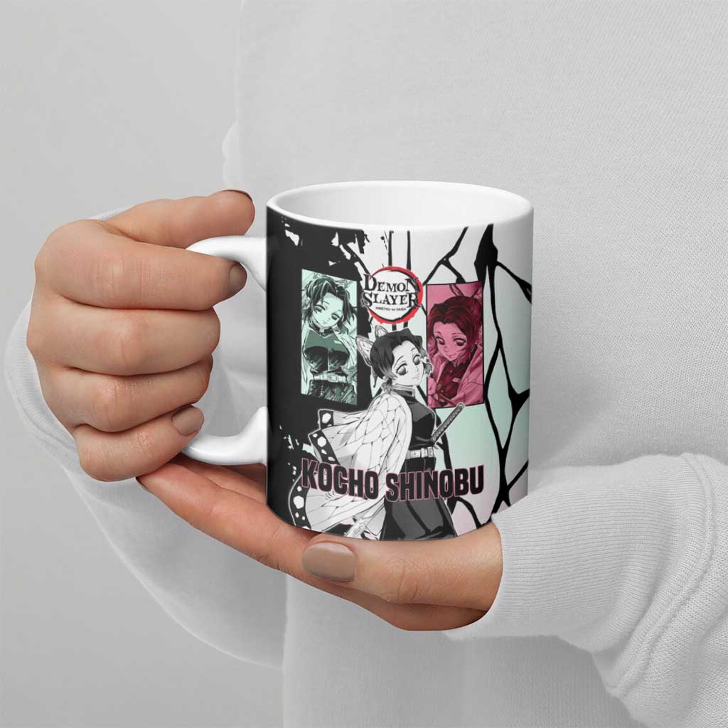 Shinobu Kocho from Demon Slayer Ceramic Mug with Black and White Wing Pattern and Pastel Manga Panel Design - The Mazicc