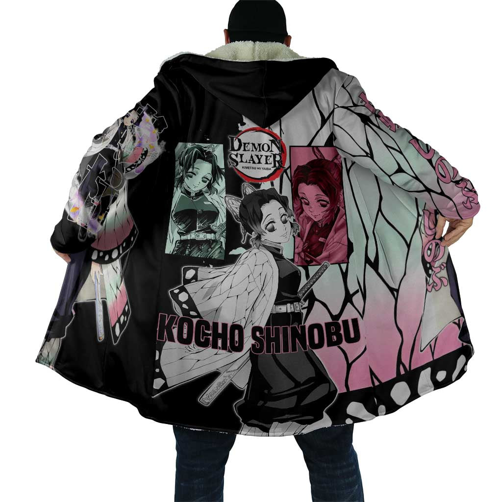 Shinobu Kocho from Demon Slayer Cloak with Black and White Wing Pattern and Pastel Manga Panel Design - The Mazicc