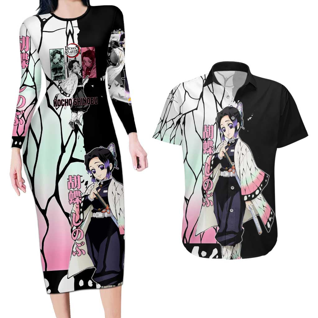 Shinobu Kocho from Demon Slayer Couples Matching Long Sleeve Bodycon Dress and Hawaiian Shirt with Black and White Wing Pattern and Pastel Manga Panel Design - The Mazicc