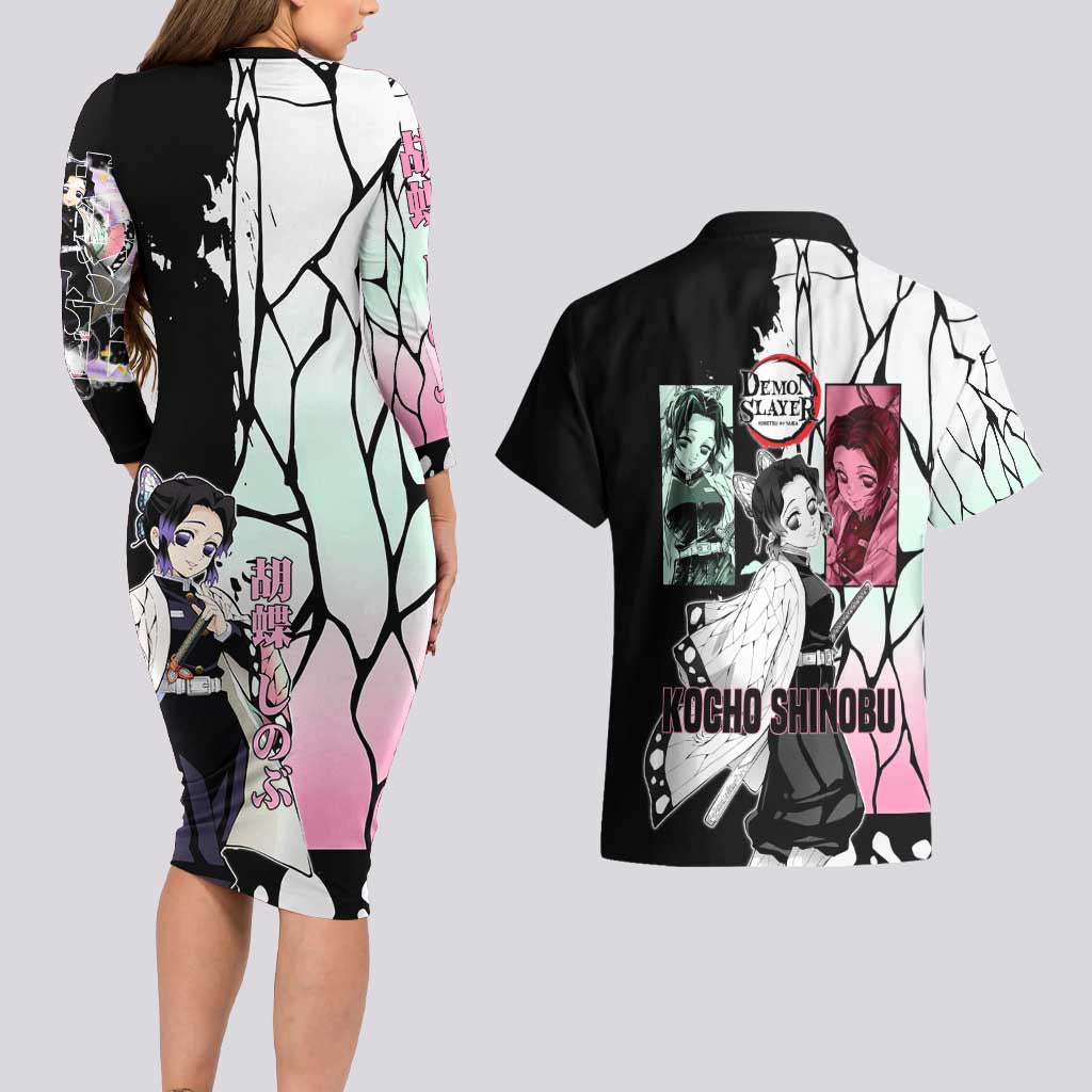 Shinobu Kocho from Demon Slayer Couples Matching Long Sleeve Bodycon Dress and Hawaiian Shirt with Black and White Wing Pattern and Pastel Manga Panel Design - The Mazicc