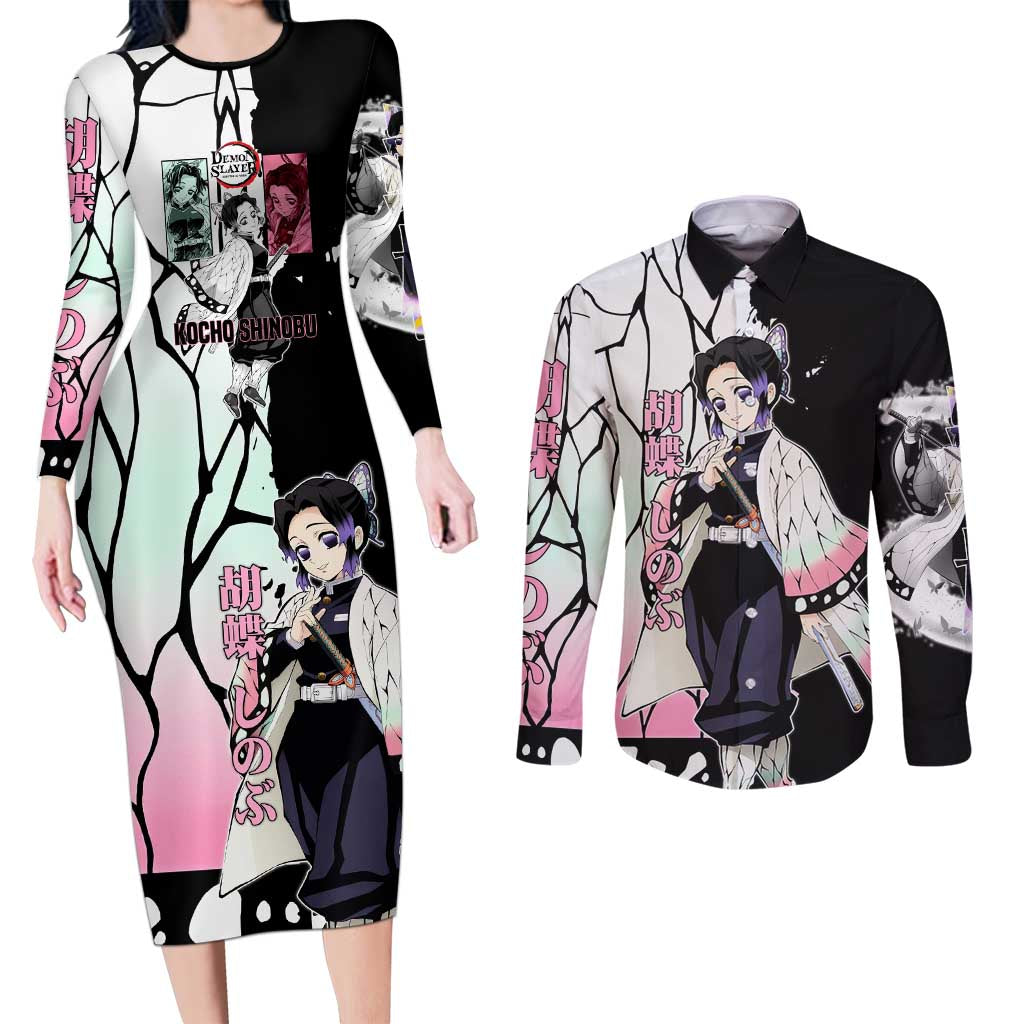 Shinobu Kocho from Demon Slayer Couples Matching Long Sleeve Bodycon Dress and Long Sleeve Button Shirt with Black and White Wing Pattern and Pastel Manga Panel Design - The Mazicc