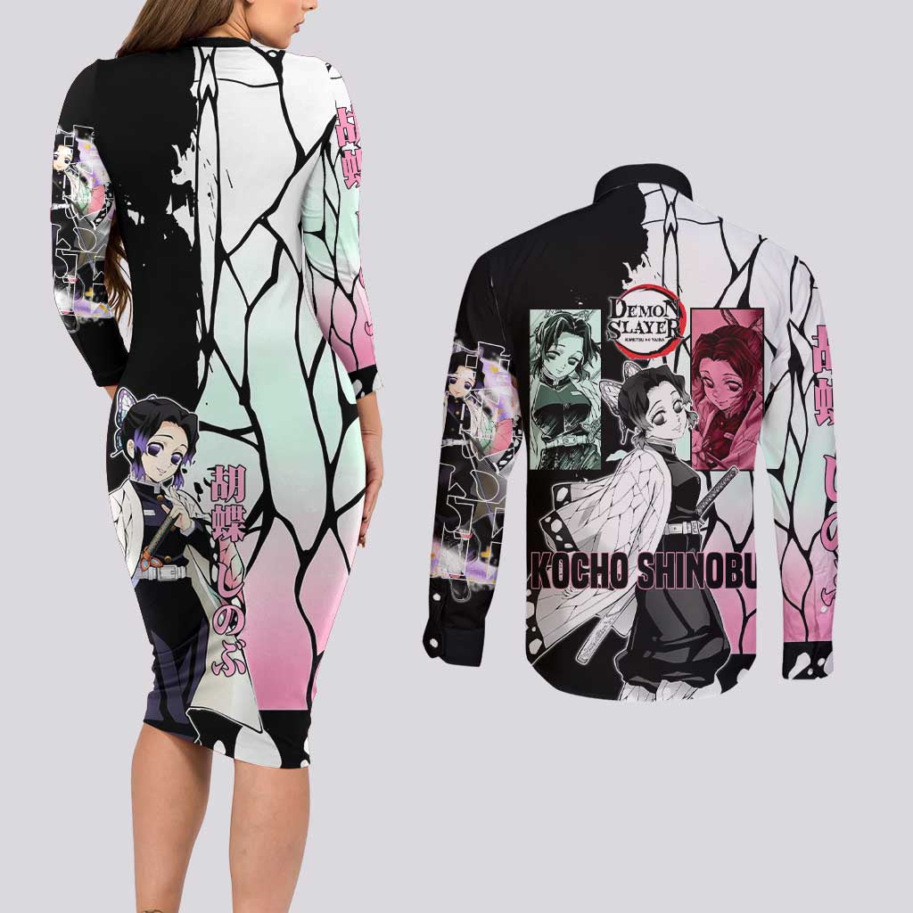 Shinobu Kocho from Demon Slayer Couples Matching Long Sleeve Bodycon Dress and Long Sleeve Button Shirt with Black and White Wing Pattern and Pastel Manga Panel Design - The Mazicc