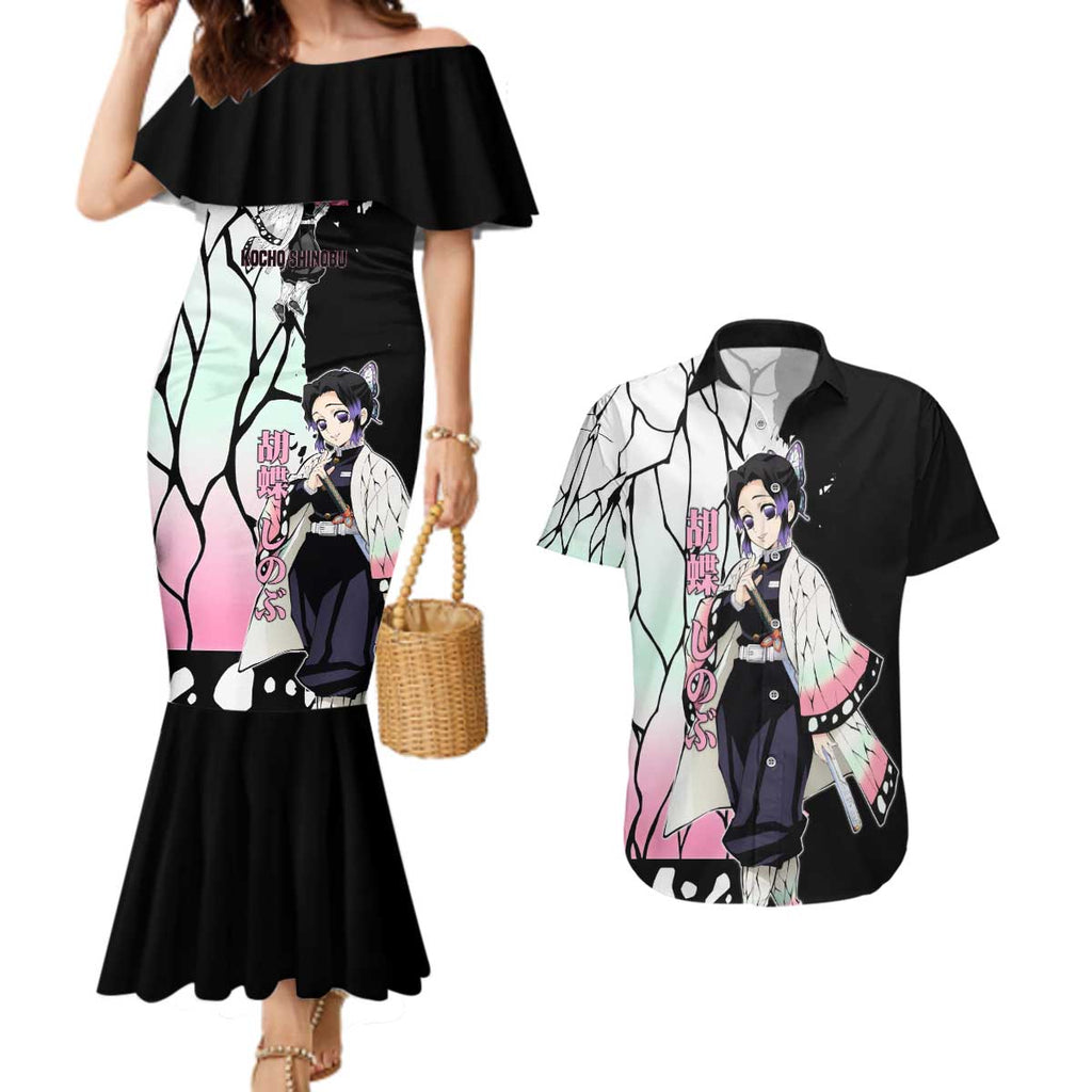 Shinobu Kocho from Demon Slayer Couples Matching Mermaid Dress and Hawaiian Shirt with Black and White Wing Pattern and Pastel Manga Panel Design - The Mazicc