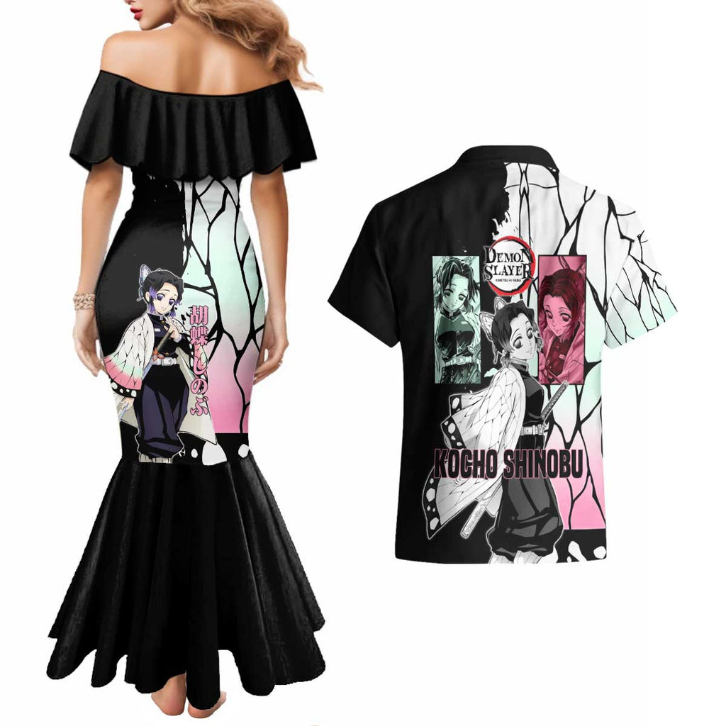Shinobu Kocho from Demon Slayer Couples Matching Mermaid Dress and Hawaiian Shirt with Black and White Wing Pattern and Pastel Manga Panel Design - The Mazicc