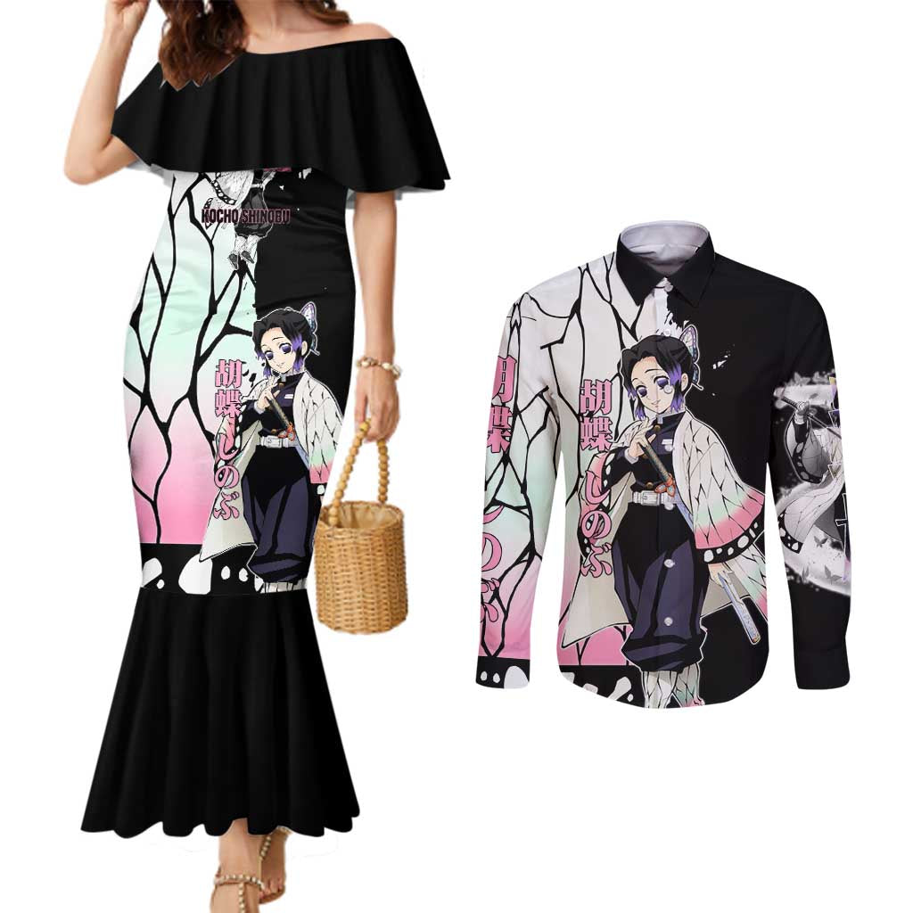 Shinobu Kocho from Demon Slayer Couples Matching Mermaid Dress and Long Sleeve Button Shirt with Black and White Wing Pattern and Pastel Manga Panel Design - The Mazicc
