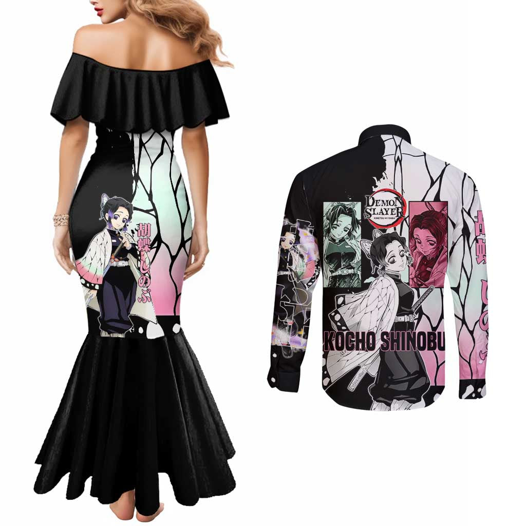 Shinobu Kocho from Demon Slayer Couples Matching Mermaid Dress and Long Sleeve Button Shirt with Black and White Wing Pattern and Pastel Manga Panel Design - The Mazicc