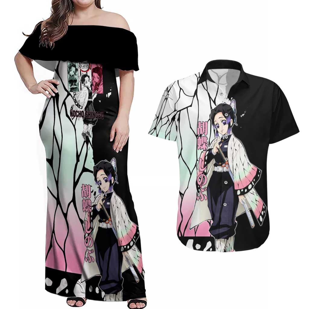 Shinobu Kocho from Demon Slayer Couples Matching Off Shoulder Maxi Dress and Hawaiian Shirt with Black and White Wing Pattern and Pastel Manga Panel Design - The Mazicc