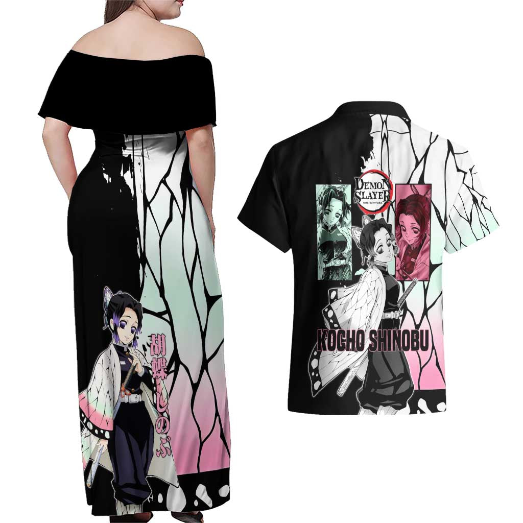 Shinobu Kocho from Demon Slayer Couples Matching Off Shoulder Maxi Dress and Hawaiian Shirt with Black and White Wing Pattern and Pastel Manga Panel Design - The Mazicc