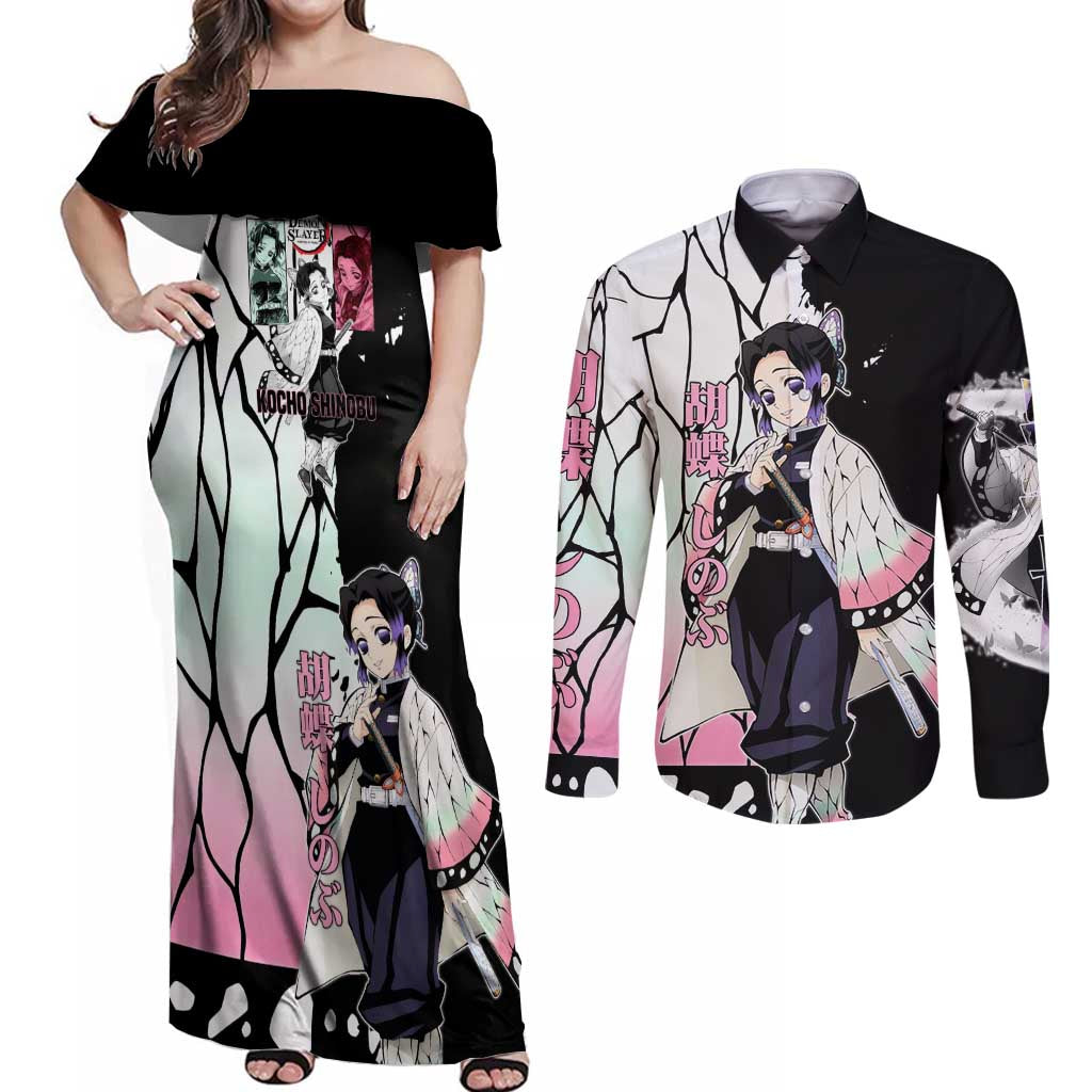 Shinobu Kocho from Demon Slayer Couples Matching Off Shoulder Maxi Dress and Long Sleeve Button Shirt with Black and White Wing Pattern and Pastel Manga Panel Design - The Mazicc