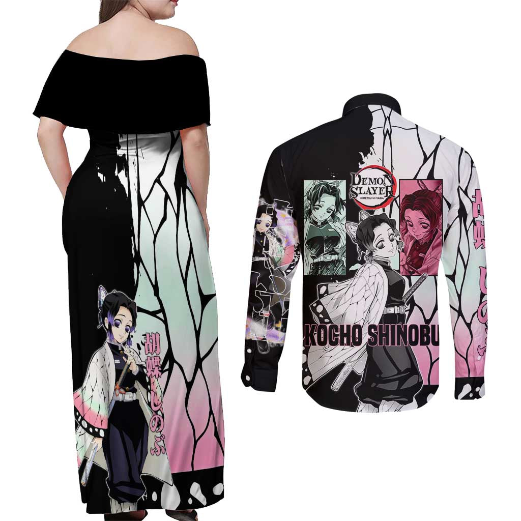 Shinobu Kocho from Demon Slayer Couples Matching Off Shoulder Maxi Dress and Long Sleeve Button Shirt with Black and White Wing Pattern and Pastel Manga Panel Design - The Mazicc
