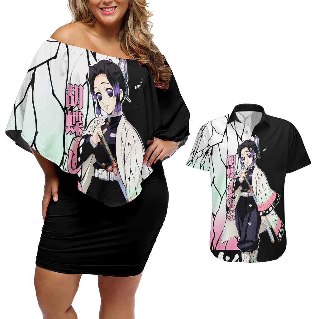 Shinobu Kocho from Demon Slayer Couples Matching Off Shoulder Short Dress and Hawaiian Shirt with Black and White Wing Pattern and Pastel Manga Panel Design - The Mazicc