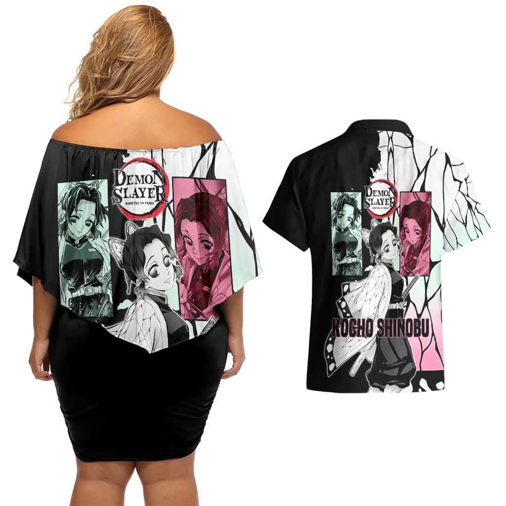 Shinobu Kocho from Demon Slayer Couples Matching Off Shoulder Short Dress and Hawaiian Shirt with Black and White Wing Pattern and Pastel Manga Panel Design - The Mazicc