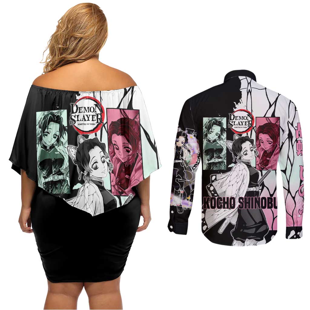 Shinobu Kocho from Demon Slayer Couples Matching Off Shoulder Short Dress and Long Sleeve Button Shirt with Black and White Wing Pattern and Pastel Manga Panel Design - The Mazicc