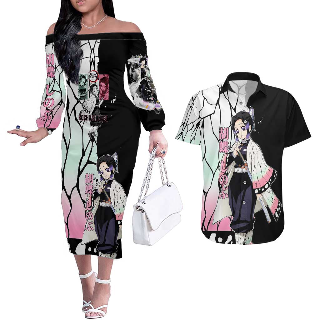 Shinobu Kocho from Demon Slayer Couples Matching Off The Shoulder Long Sleeve Dress and Hawaiian Shirt with Black and White Wing Pattern and Pastel Manga Panel Design - The Mazicc