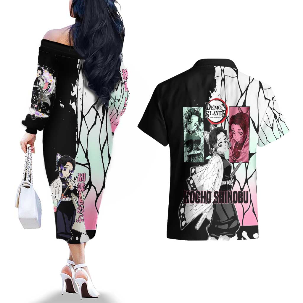 Shinobu Kocho from Demon Slayer Couples Matching Off The Shoulder Long Sleeve Dress and Hawaiian Shirt with Black and White Wing Pattern and Pastel Manga Panel Design - The Mazicc