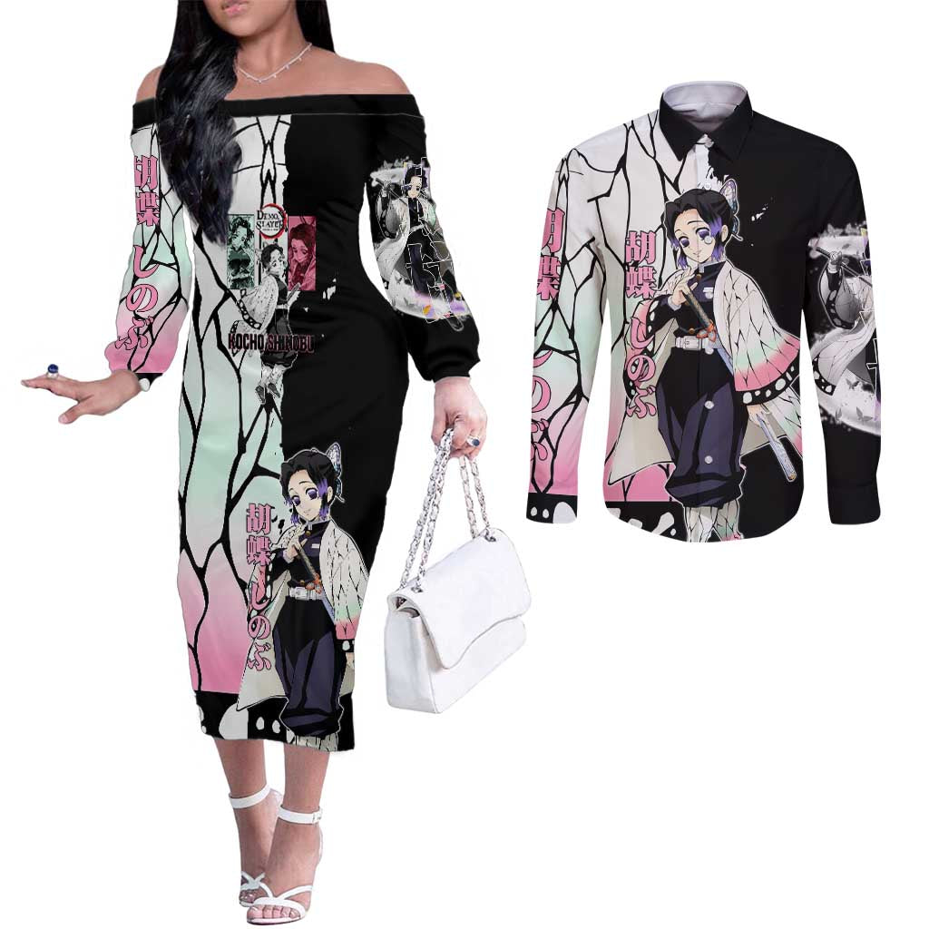 Shinobu Kocho from Demon Slayer Couples Matching Off The Shoulder Long Sleeve Dress and Long Sleeve Button Shirt with Black and White Wing Pattern and Pastel Manga Panel Design - The Mazicc